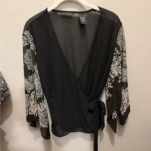 New York & Company Black Wrap Blouse with Paisley Sleeves